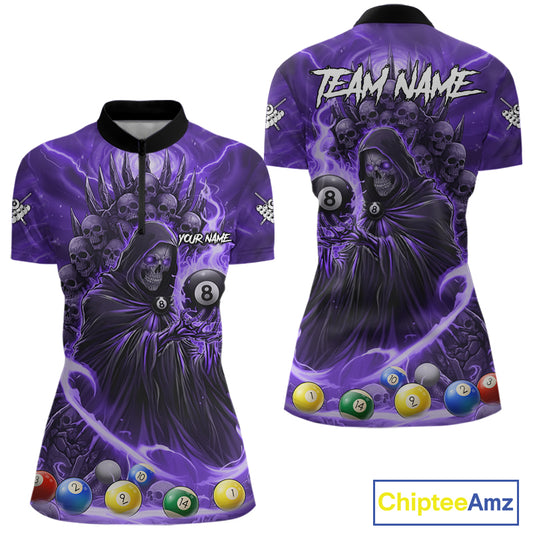 Purple Grim Reaper Lightning Billiard Shirt For Women Custom 8 Ball Pool Jersey Team Polo & 1/4 Zip TDM5293