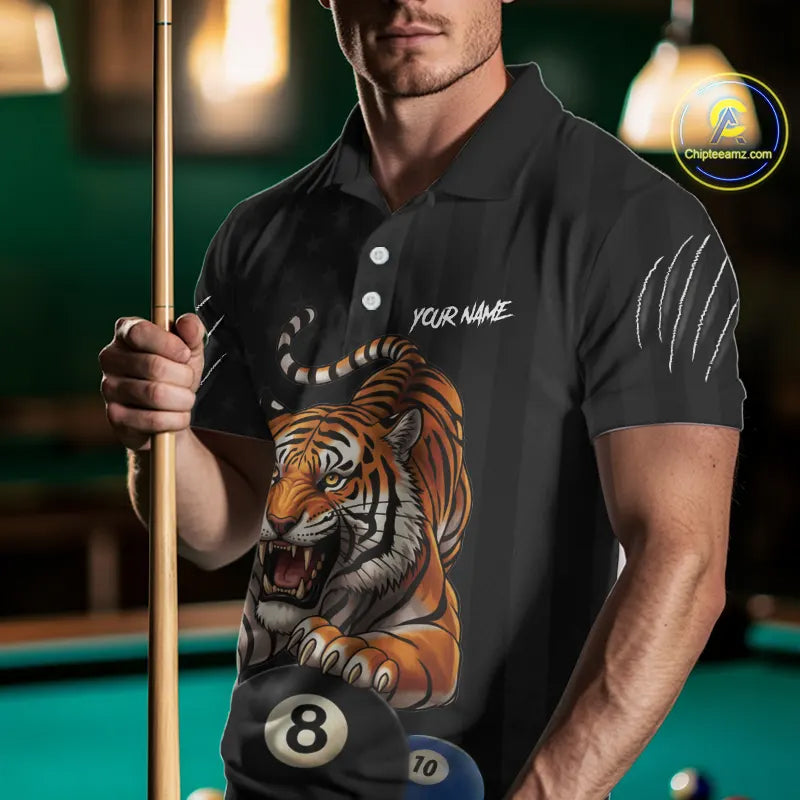 Funny Tiger 8 Ball, 9 Ball & 10 Ball US Flag Billiard Shirt For Men Custom Pool Team Jersey TDM5541