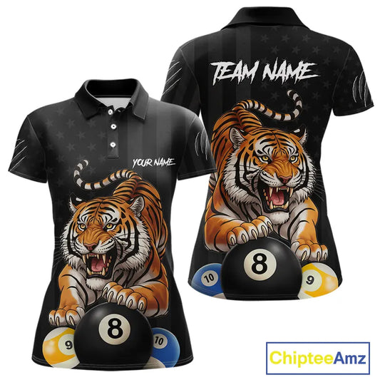 Funny Tiger 8 Ball, 9 Ball & 10 Ball US Flag Billiard Shirt For Women Custom Pool Team Jersey TDM5541