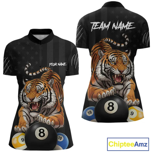 Funny Tiger 8 Ball, 9 Ball & 10 Ball US Flag Billiard Shirt For Women Custom Pool Team Jersey TDM5541
