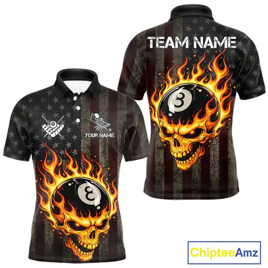 Vintage American Flag Skull Flame Billiard Shirt For Men Custom Patriotic 8 Ball Pool Team Jersey TDM5545