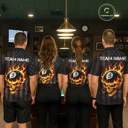 Vintage American Flag Skull Flame Billiard Shirt For Women Custom Patriotic 8 Ball Pool Team Jersey TDM5545