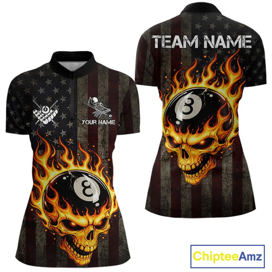 Vintage American Flag Skull Flame Billiard Shirt For Women Custom Patriotic 8 Ball Pool Team Jersey TDM5545