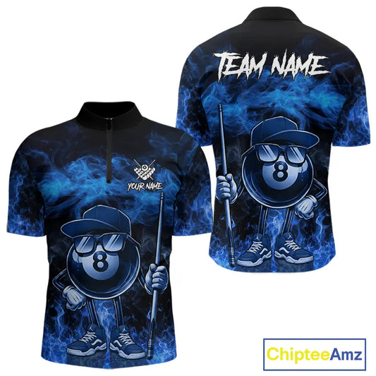 Blue Funny 8 Ball Pool Flame Smoke Billiard Shirt For Men Custom Billiard Team Jersey Uniform TDM5546
