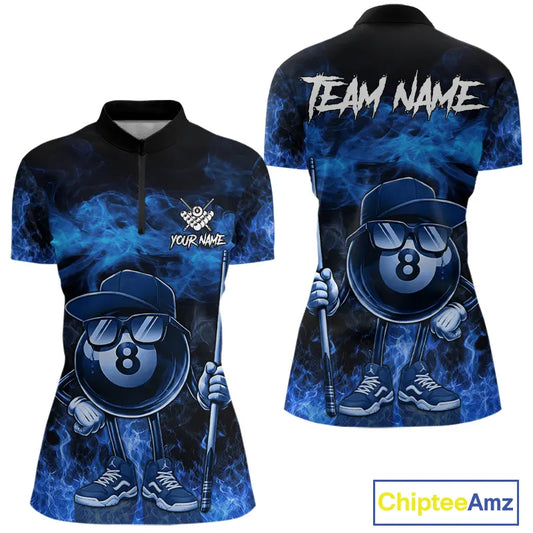 Blue Funny 8 Ball Pool Flame Smoke Billiard Shirt For Women Custom Billiard Team Jersey Uniform TDM5546