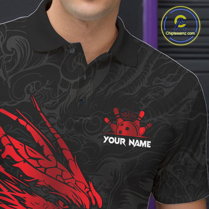 Black And Red Custom Dragon Bowling Shirt For Men, Bowling Team Jersey Polo & Quarter Zip TDM6166