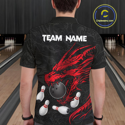 Black And Red Custom Dragon Bowling Shirt For Men, Bowling Team Jersey Polo & Quarter Zip TDM6166