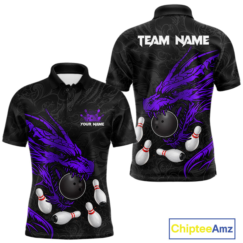 Black And Purple Custom Dragon Bowling Shirt For Men, Bowling Team Jersey Polo & Quarter Zip TDM6167