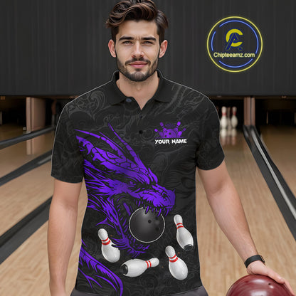 Black And Purple Custom Dragon Bowling Shirt For Men, Bowling Team Jersey Polo & Quarter Zip TDM6167
