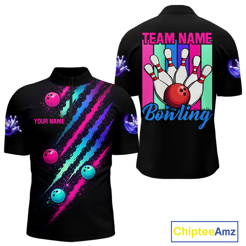 Custom Neon Bowling Shirt For Men, Funny Strike Bowling Team Jersey Polo & Quarter Zip Shirts TDM6169