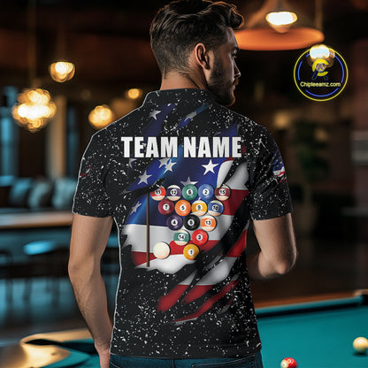 Black Grunge US Flag Eagle Billiard Shirt For Men Custom 8 Ball Pool Team Jersey Polo & 1/4 Zip TDM6404