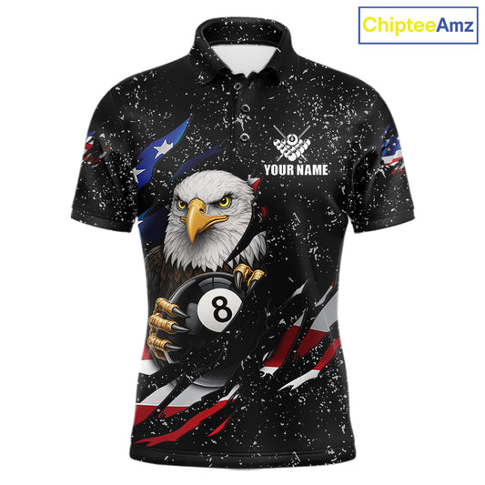 Black Grunge US Flag Eagle Billiard Shirt For Men Custom 8 Ball Pool Team Jersey Polo & 1/4 Zip TDM6404