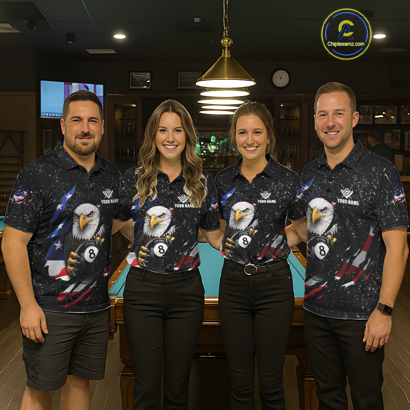 Black Grunge US Flag Eagle Billiard Shirt For Women Custom 8 Ball Pool Team Jersey Polo & 1/4 Zip TDM6404