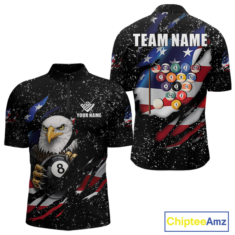 Black Grunge US Flag Eagle Billiard Shirt For Men Custom 8 Ball Pool Team Jersey Polo & 1/4 Zip TDM6404
