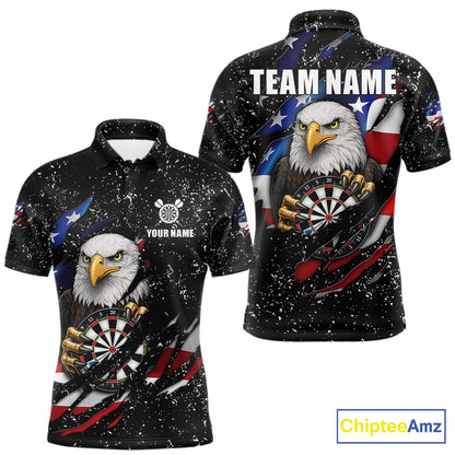 Custom Eagle Darts Jersey For Men, Black Grunge American Flag Patriotic Darts Shirt Polo & 1/4 Zip TDM6405