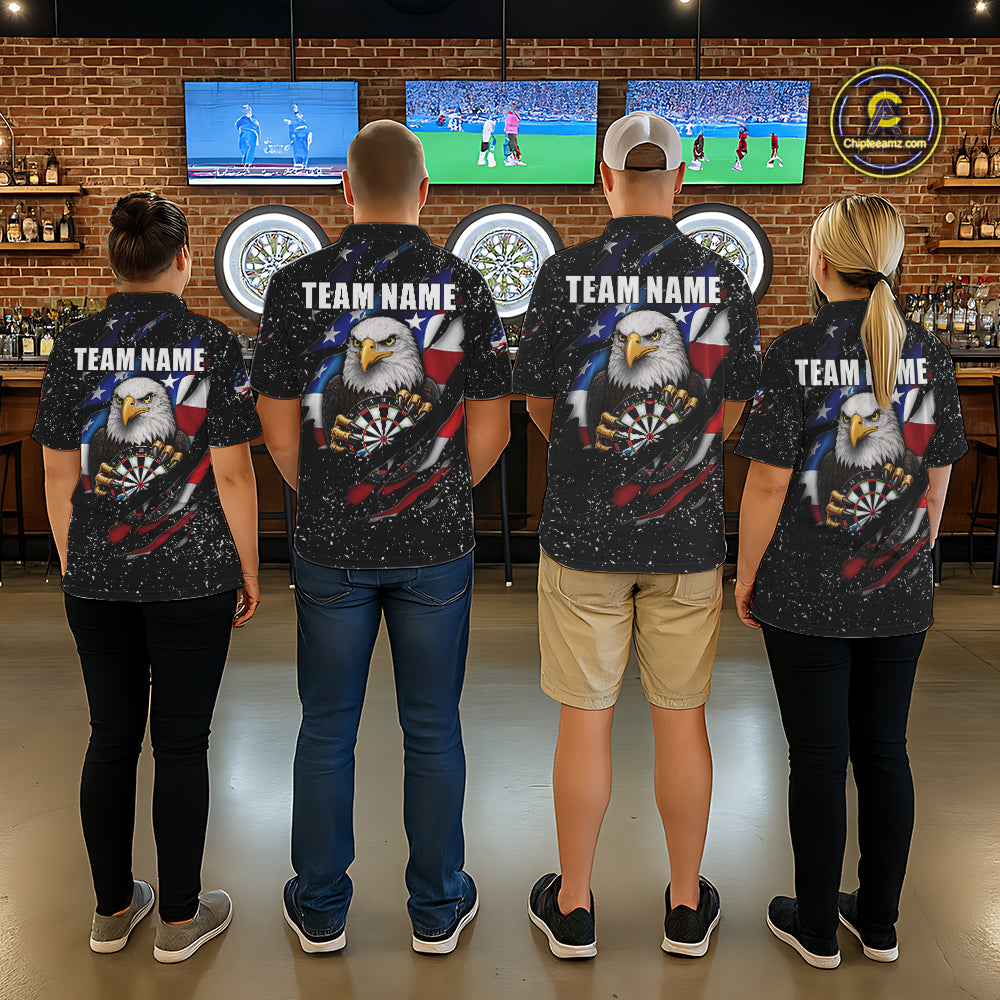 Custom Eagle Darts Jersey For Men, Black Grunge American Flag Patriotic Darts Shirt Polo & 1/4 Zip TDM6405
