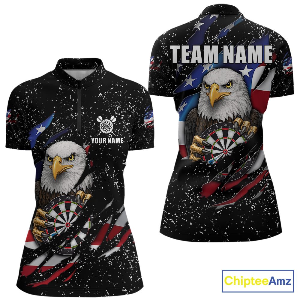 Custom Eagle Darts Jersey For Women, Black Grunge American Flag Patriotic Darts Shirt Polo & 1/4 Zip TDM6405