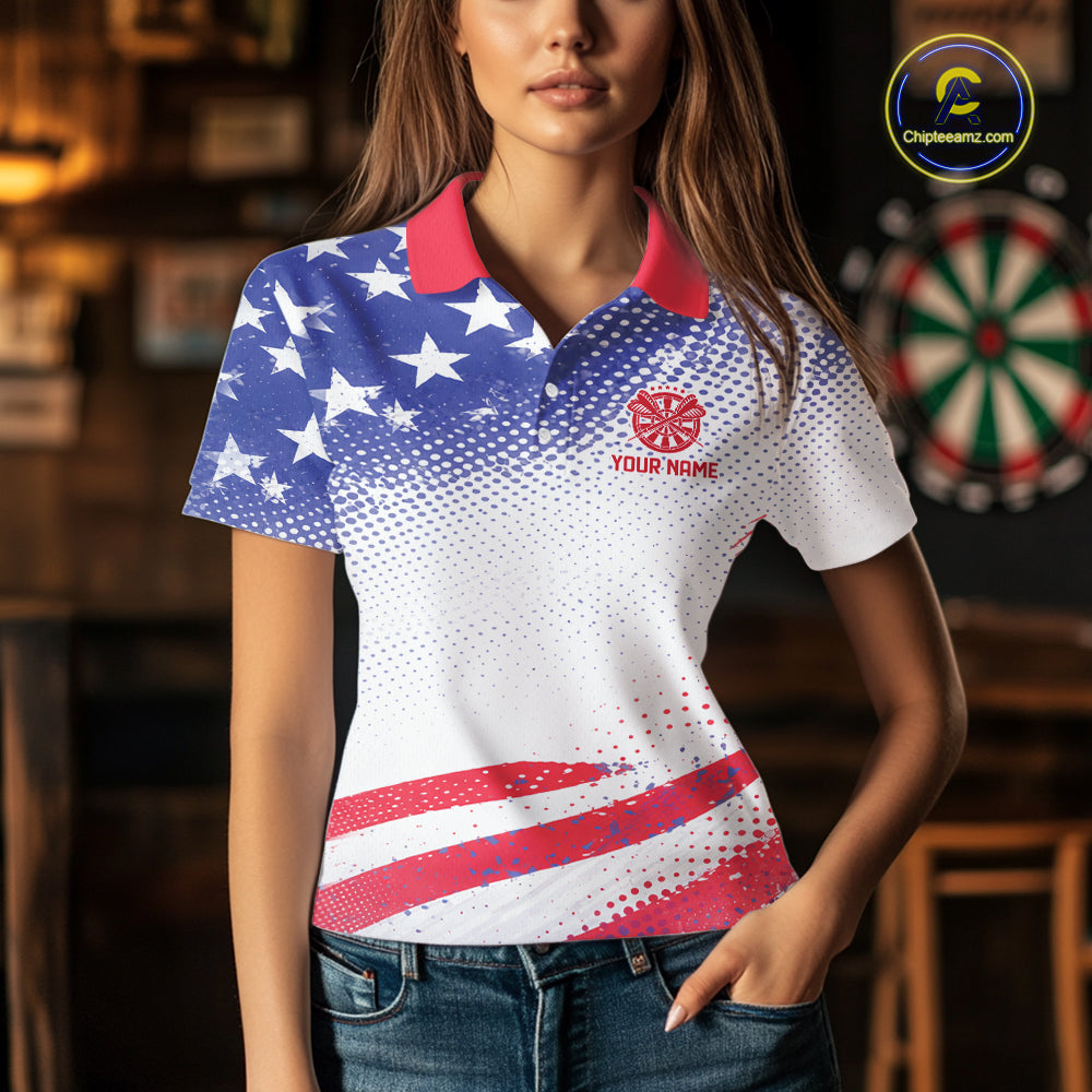 Personalized American Flag Eagle Darts Shirts For Women, Patriotic Darts Jersey Team Polo & 1/4 Zip TDM6406