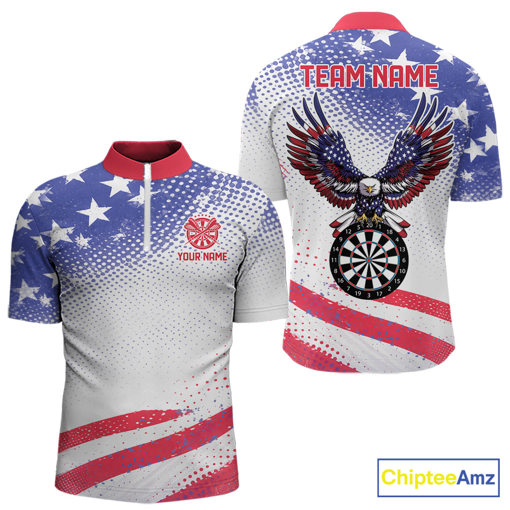 Personalized American Flag Eagle Darts Shirts For Men, Patriotic Darts Jersey Team Polo & 1/4 Zip TDM6406