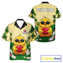 Load image into Gallery viewer, Hawaiian shirt with a cartoon duck holding a bowling ball design, featuring palm trees.