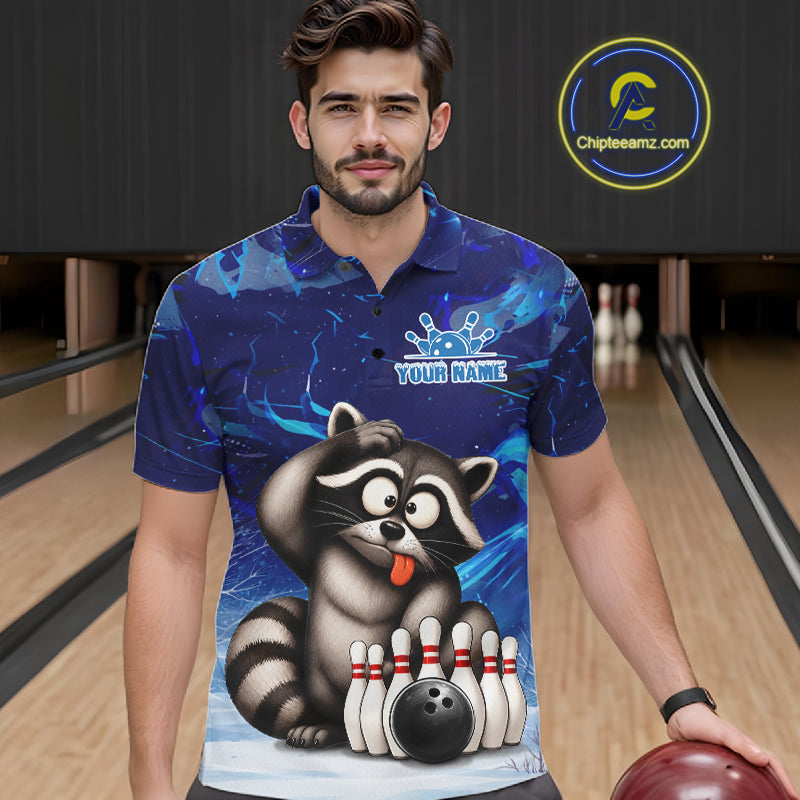 Personalized Blue Funny Raccoon Bowling Shirt For Men Custom Bowling Team Jersey Polo & 1/4 Zip TDM6594