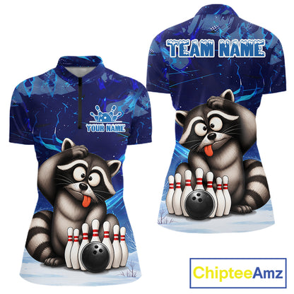 Personalized Blue Funny Raccoon Bowling Shirt For Women Custom Bowling Team Jersey Polo & 1/4 Zip TDM6594