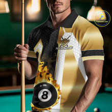 Load image into Gallery viewer, Man wearing a gold flame 8 ball custom billiard jersey front view, personalized pool team shirt.
