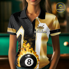 Load image into Gallery viewer, Woman wearing a gold flame 8 ball custom billiard jersey front view, personalized pool team shirt.
