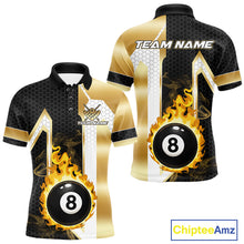 Load image into Gallery viewer, Gold flame 8 ball pool team polo shirt with custom billiard graphics, personalized billiard team jersey.