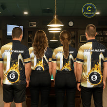 Load image into Gallery viewer, Back view of pool players wearing matching gold flame 8 ball billiard team shirts and custom pool jerseys.