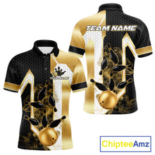 Load image into Gallery viewer, Black and gold smoke bowling pin bowling team polo shirt for men with custom league and tournament graphics.