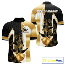 Load image into Gallery viewer, Black and gold smoke bowling pin quarter zip bowling shirt for men, custom bowling team jersey and tournament apparel.