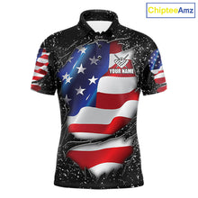 Load image into Gallery viewer, Black grunge American flag 8 ball custom billiard polo shirt for men, personalized pool team jersey for tournaments.