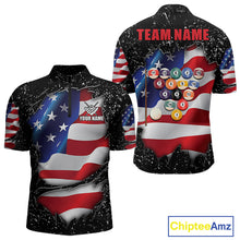Load image into Gallery viewer, Black grunge American flag 8 ball quarter zip billiard shirt for men, custom pool team jersey and tournament apparel.