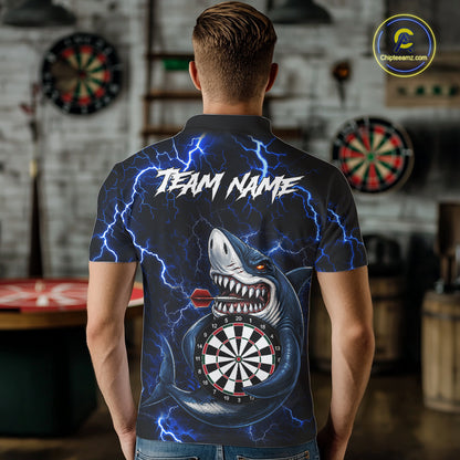 Man Wearing Personalized Blue Thunder Lightning Shark Custom Darts League Team Jersey Featuring the Complete Rear Graphic Design, Back View
