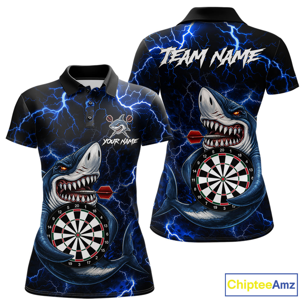 Custom Blue Thunder Lightning Shark Darts Polo Shirt Designed for Personalized Darts League Team Jerseys with Dynamic Artwork, Athletic Performance, and Professional Style