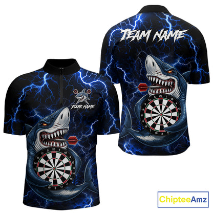 Personalized Blue Thunder Lightning Shark Quarter Zip Darts Shirt Created for Competitive Dart League Teams with Premium Performance Fabric and Tournament Ready Comfort