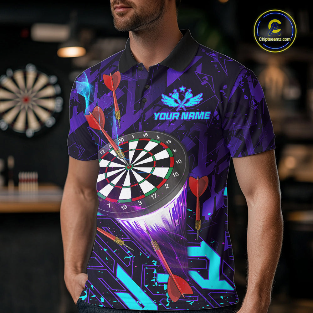 Man Wearing Personalized Glowing Purple Blue Abstract Darts Polo Shirt with Athletic Performance Fit and Bold Abstract Graphic Artwork, Front View