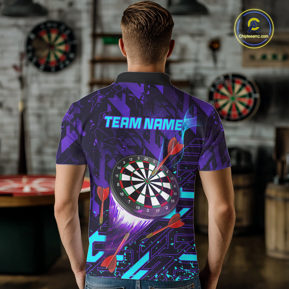 Man Wearing Personalized Glowing Purple Blue Abstract Custom Darts League Team Jersey Featuring the Complete Rear Artwork, Back View