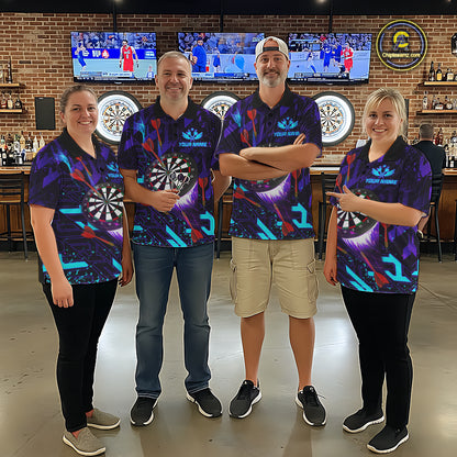 Dart Team Wearing Personalized Glowing Purple Blue Abstract Darts Jerseys During League Competition and Tournament Matches, Front View