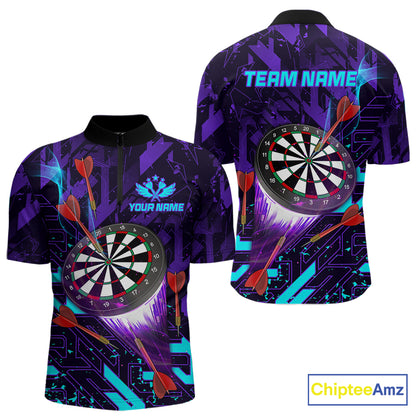 Personalized Glowing Purple Blue Abstract Quarter Zip Darts Shirt Created for Competitive Dart League Teams with Performance Fabric and Tournament Ready Design