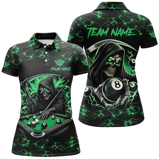 Green Funny Grim Reaper 8 Ball Pool Women Billiard Shirts Custom Name Lightning Billiard Jerseys TDM2827