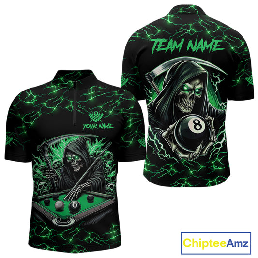 Green Funny Grim Reaper 8 Ball Pool Men Billiard Shirts Custom Name Lightning Billiard Jerseys TDM2827