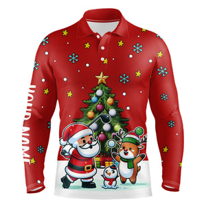 Funny Santa Playing Golf Red Christmas Men Golf Polo Shirt Custom Christmas Pine Tree Golfing Gifts TDM3067