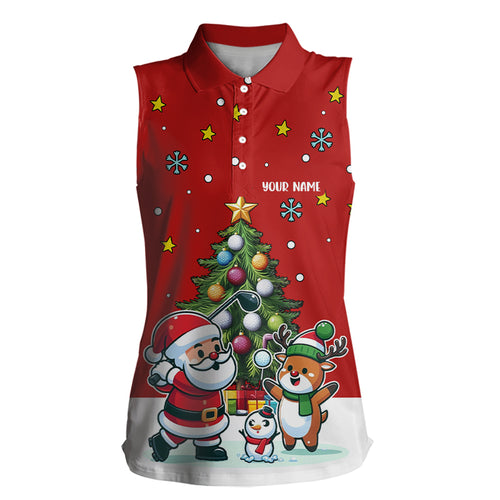 Funny Santa Golfer Red Christmas Women Sleeveless Polo Shirt Custom Christmas Pine Tree Golfing Gifts TDM3067