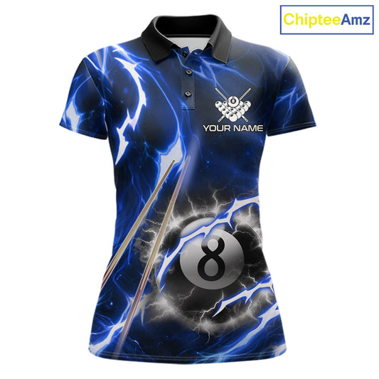Blue 8 Ball Thunder Lightning Billiard Shirt For Women Custom Pool Team Jersey Polo & Quarter Zip TDM6170