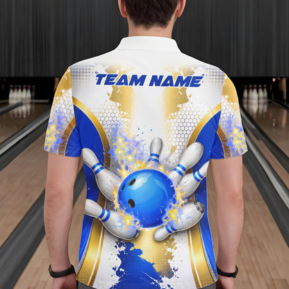 Bowling Ball Splatter Custom White, Blue & Gold Men's Bowling Shirt, Bowling Jersey Polo & 1/4 Zip TDM6178