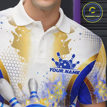 Load image into Gallery viewer, Bowling Ball Splatter Custom White, Blue &amp; Gold Men's Bowling Shirt, Bowling Jersey Polo &amp; 1/4 Zip TDM6178