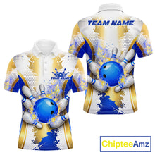 Load image into Gallery viewer, Bowling Ball Splatter Custom White, Blue &amp; Gold Men's Bowling Shirt, Bowling Jersey Polo &amp; 1/4 Zip TDM6178