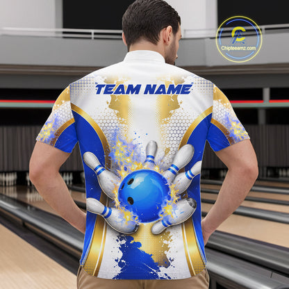 Bowling Ball Splatter Custom White, Blue & Gold Men's Bowling Shirt, Bowling Jersey Polo & 1/4 Zip TDM6178